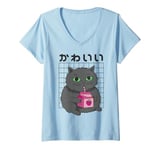 Womens Kawaii Cat Strawberry Milk Cute Retro Japanese Aesthetic V-Neck T-Shirt