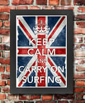 KC3 Framed Vintage Style Union Jack Keep Calm Carry On Surfing Sport Poster Print Re-Print - A4