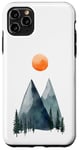 Coque pour iPhone 11 Pro Max Mountain Peaks Green Pine Trees Orange Sun Design minimaliste