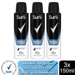 Sure Men Anti Perspirant 48H Protection Invisible Ice Deodorant, 3 Pack, 150ml