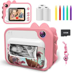 Appareil Photo Instantané Pour Enfant,2 Pouces 1080P Avec 3 Rouleaux De Papier À Imprimer Et 5 Couleurs Stylo Pinceau Cadeau Caméra Vidéo Noir Et Blanc Avec Carte Sd De 32 Go (Pink)