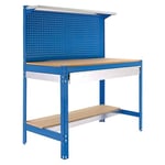 SimonRack Etabli d’Atelier, Capacité de Charge 600 kg, 1445x1210x610 mm, Panneau Perforé avec 1 Étagère, Étagère Tiroir de Rangement, Table de Travail Bricolage, Bleu/Bois - BT3