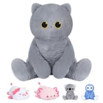 Mewaii Peluche Coussin de Nuque Chat Gris Mignon Poupée Animaux en Peluche Kawaii Oreiller Anime Peluche pour Enfants Pondéré Jouets Oreiller Confort pour Cadeau