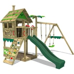 Fatmoose - Aire de jeux Portique bois JungleJumbo avec balançoire et toboggan Maison enfant exterieur avec bac à sable - vert