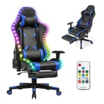 RELAX4LIFE Chaise Gaming avec LED Télécommandé, Dossier Inclinable 90-155°en PU et Accoudoir Réglable avec Coussin Lombaire, Fauteuil Gamer avec Appui-tête et Repose-Pieds Escamotable (Bleu)