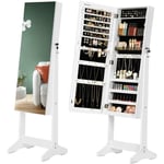 Armoire à bijoux sur pied, Range-bijoux avec 2 organiseurs cosmétiques, à suspendre, miroir psyché sans cadre, avec serrure et clés, Blanc JJC002W01