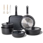 JEETEE Set De Casseroles Et Poêles Avec Poignées Amovibles 26-Pièces,Poêle 20/26Cm,Casserole 18/20Cm,Poêle À Frire 26Cm,Poêle À Griller 26Cm,Revêtement Antiadhésifn,Compatible Toutes Les Cuisines