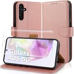 Case Collection for Samsung A35 5G Case and Screen Protector - Leather Folio Flip [Kickstand] Shockproof Cover [RFID Blocking] Magnetic Wallet for Samsung Galaxy A35 5G Phone Case Rose Gold