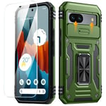 ANTSHARE for Google Pixel 8A Case, Pixel 8A Case with [9H Glass Screen Protector & Slide Camera Protector] [Military Grade Drop] Built-in Rotatable Kickstand Ring Phone Case for Pixel 8a 6.1” - Green