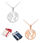 2 pcs Monde Collier Femmes Monde Globe Collier Carte Du Monde Carte Globe Chaîne avec Pendentif Monde Rond Or Rose et Argent Carte Du Monde Dames Chaîne avec Pendentif Globe Bijoux En Acier Inoxydable