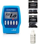 Compex Electrostimulateur Fit 1.0, Bleu, Taille Unique + Sachet de 4 électrodes Noires 5x5 cm + Sachet de 2 électrodes Noires 5x10 cm - 2 Snaps + Gel conducteur 250 ML