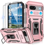 Jshru for Google Pixel 8a Case with 2 Pack Screen Protector,Military Grade Shockproof Pixel 8a Case with Slide Camera Cover,Ring Stand Phone Cover for Google Pixel 8a,Rose Gold