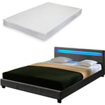 Lit Double Rembourré Design avec Éclairage LED en 6 Couleurs Sommier à Lattes Matelas Mousse à Froid Polyester 180 x 200 cm Gris Foncé Corium