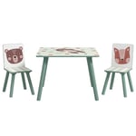 ZONEKIZ Table et 2 chaises pour Enfants 3-8 Ans Ensemble 3 pièces Motif Animaux pour Chambre à Coucher Salle de Jeux Pieds en Bois Massif Vert