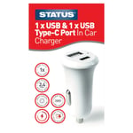 Status 1x USB & 1x USB Type-C Port In Car Charger, 2.4a, Fast Charge