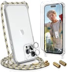 Coque Avec Cordon Pour Iphone 14 Pro 6.1"", Avec Réglable Collier Téléphone Lanyard Case Housse-Tour De Cou Lanière En Corde-Avec 2 Film En Verre Trempé Et 1 Caméra Arrière Protecteur,Jaune Gris