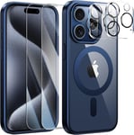 5 In 1 Magnétique Coque Compatible Avec Iphone 15 Pro Max Aimantée Avec 2 Verres Trempés Et 2 Caméra Protecteur, Compatible Magsafe Dos Anti Rayures Antichoc Tpu Bumper Case (Titane Bleu).[V8651]