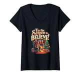 Womens Tis the Season to Believe Bigfoot Holiday Sasquatch V-Neck T-Shirt