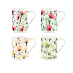 Red & Green Floral Mugs Set - Bone China Glass Flowers Tea/Coffee Gift Set of 4