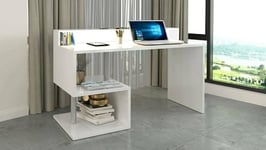 Dmora - Bureau Alain, Bureau linéaire avec étagères de Rangement avec Lampes LED, Bureau Polyvalent avec Plateau, 140x60h93 cm, Blanc