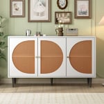 Redom - Buffet avec 3 portes décorées en rotin, commode, buffet haut avec poignées en métal, pour chambres & salons & bureaux, blanc, 129,8x 40x 76cm