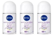 3 x Nivea Extra Bright + Firm Q10 Anti-perspirant 48h Deodorant Roll on 25ml