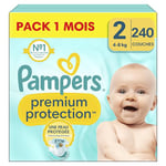 Pampers Premium Protection, Taille 2, 240 Couches, 4-8kg, Double Protection pour la peau et contre les fuites Avec Poche Stop & Protect pour aider à capturer les Fuites, Pack 1 Mois