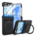 Designed for Z Flip 6 Case Magnetic with 2pcs Screen Protector & Hinge Protection & Kickstand [Compatible with MagSafe] for Samsung Flip 6 Protective Phone Case Cover for Galaxy Z Flip 6 - Black