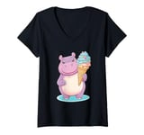 Womens Baby Hippo Pygmy Eating Ice Cream V-Neck T-Shirt