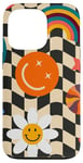 Coque pour iPhone 13 Pro Aesthetic Checker Retro Groovy Flowers in Cream Peach colors