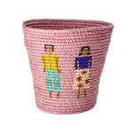 Rice - Raffia Round Basket with People and 3D Details - Pink