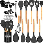 Umite Chef Kitchen Cooking Utensils Set, 24 pcs Non-Stick Silicone, Spatula Set with Holder, Wooden Handle Heat Resistant Kitchen Gadgets (Black)