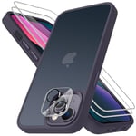 Mootobo for iPhone 13 Case, 4 in 1 [Mil-Grade Shockproof Defense] with 2 Screen Protector+1 Lens Protector,Translucent Matte Back Slim Shockproof Phone Cover for iPhone 13 6.1 inch - Deep Purple