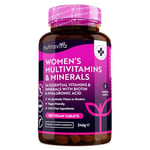 Women's Multivitamins and Minerals - 24 Essential Active Vitamins and Minerals with Added Hyaluronic Acid - 180 Vegan Tablets - No Synthetic Fillers or Binders - Made in The UK by Nutravita