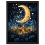 Golden City in the Clouds Surreal Artwork Blue Gold Crescent Moon Starry Night Fairytale Artwork Framed Wall Art Print A4