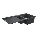 GROHE K500 - Quartz Composite Kitchen Sink with Drainer (Reversible Top Mount, Overflow and Automatic Waste Fitting, 1 Bowl 345x440x200 mm, 0.5 Bowl 155x295x146 mm), 100x50 cm, Granite Black, 31646AP0