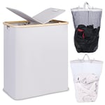 efluky 140L Laundry Baskets with Lid 2 Compartments, Large Laundry Hamper for Laundry, Double Laundry Basket Laundry Storage with 2 Removable Laundry Bags, Light Grey