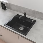 GROHE Kitchen Set of Start QuickFix Pull-Out Tap & K700 Sink – (Granite Black Quartz Composite Kitchen Sink 1 Bowl 560x510mm, Matt Black Low Spout Dual Spray Kitchen Tap 185 mm with 3/8 Inch Tails)