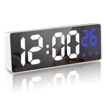 JQGO Digital Alarm Clocks Bedside Mains Powered Non Ticking, LED Clock with Temperature Display, with Adjustable Brightness, Battery Operated, Snooze, Travel Clock with 3 Alarms(Mirror Blue)