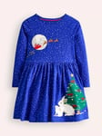 Mini Boden Kids' Coco Applique Hem Christmas Jersey Dress, Blue/Multi