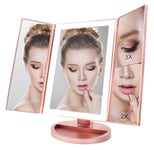 WEILY Miroir Maquillage, Miroir Grossissant Lumineux avec 1X/2X/3X, Miroir LED Maquillage Pliable avec Écran Tactile et Réglable à 180 Degrés, Support USB et Batterie (Or Rose)