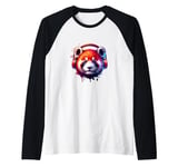 Dj Red Panda with Headphones Cute Animals Disc Jockey Music Raglan Baseball Tee