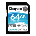 Kingston 64GB SDXC Canvas Go! Plus Memory Card, Class 10, UHS-I,170MB/S