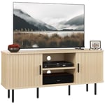 HOMCOM Meuble TV, Banc TV, avec 2 Portes Tambour à lamelles, 120 cm, Design scandinave, Meuble TV pour télévision jusqu'à 55 Pouces, Ton chêne