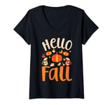 Womens Hello Fall Autumn Colors Leaves Pumpkins Fall Vibes Season V-Neck T-Shirt