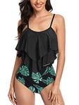 FLYILY Maillot de Bain Tankini pour Femme Haut Double à Volants Taille Haute Maillots de Bain 2 pièces Maillots de Bain(2-BlackLeaf,S)