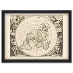 Artery8 Jacques Cassini Flat Earth Map 1713 Sepia Colour Terrestrial Planisphere According to Astronomers New Observations Decorative World Polar Projection Artwork Framed Wall Art Print A4