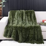 YUSOKI Couverture en Fausse Fourrure Vert Olive, 2 Couches, 127 x 152,4 cm, Couverture pelucheuse en Peluche Confortable, Chaude et Mignonne à Poils Longs pour lit d'automne, décoration de Salon,