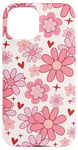 Coque pour iPhone 15 Retro Pink Flowers Valentine's Red Heart Floral Pattern