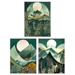 Artery8 Set of 3 Geometric Forest Mountain Landscape Boho Art Deco Tan Teal Green Full Moon Sunrise Artworks Unframed Wall Art Living Room Poster Prints Pack